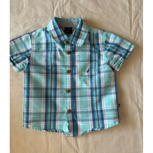 Nautica Shirt Boys Sz 18 Month Blue Multicolor Plaid Short Sleeve Button Up - Picture 1 of 14